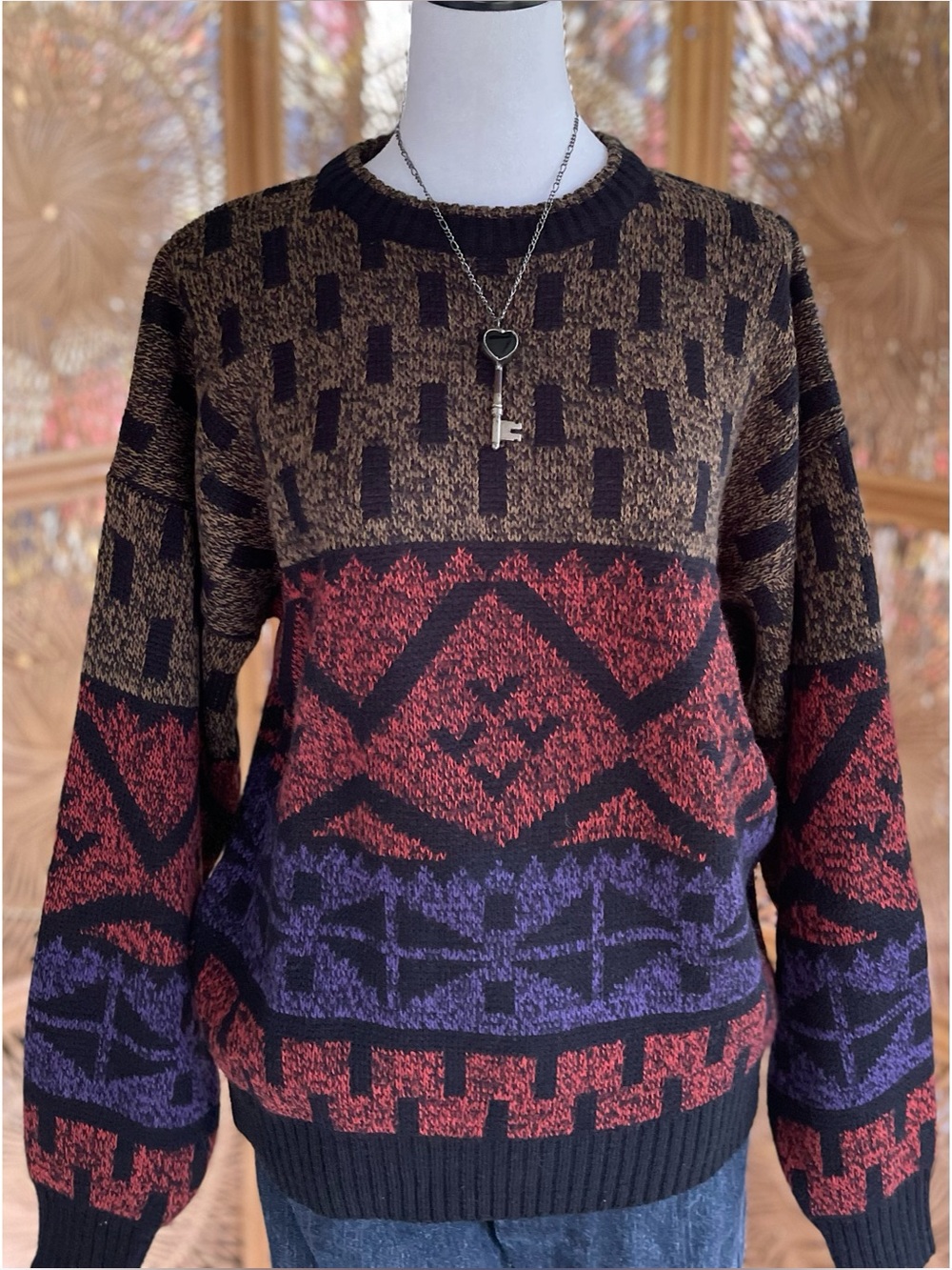 80s 90s Retro Vintage Grandpa Sweater Red Purple Brown Black Geometric Knit